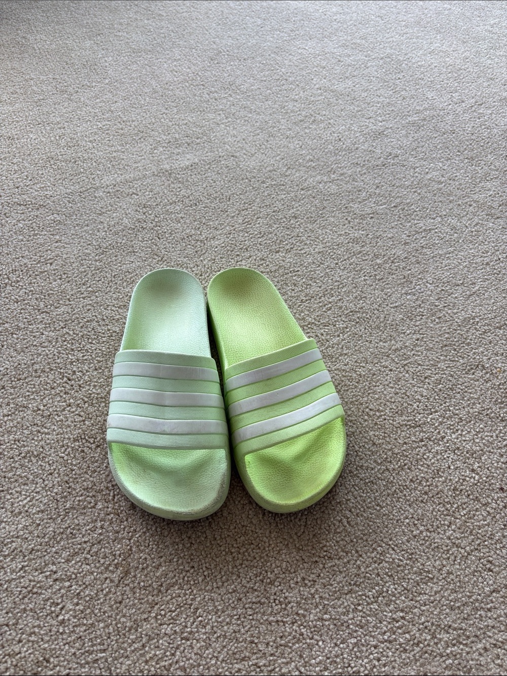 Adidas Lime Green Slide Sandals with White Stripes